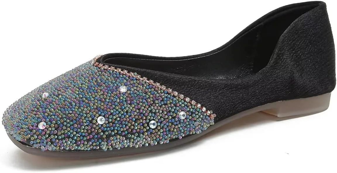 Hee grand Glittery Rhinestones Ballet Flats for Wedding Party Square Toe Slip-On Flats Comfort Light Weight Loafers Sparkling Crystals Fashion Dress Shoes