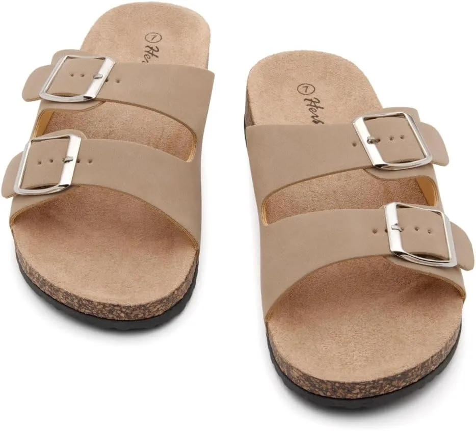 Herstyle Softey Womens Cork Footbed Sandals - Adjustable 2-Strap Comfort Slides | Slip On Open Toe Flat Sandals for Women | Summer Beach Casual Everyday Wear
