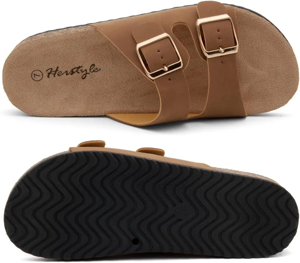 Herstyle Softey Womens Cork Footbed Sandals - Adjustable 2-Strap Comfort Slides | Slip On Open Toe Flat Sandals for Women | Summer Beach Casual Everyday Wear