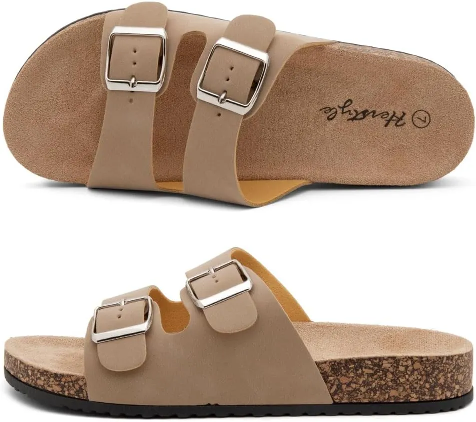 Herstyle Softey Womens Cork Footbed Sandals - Adjustable 2-Strap Comfort Slides | Slip On Open Toe Flat Sandals for Women | Summer Beach Casual Everyday Wear