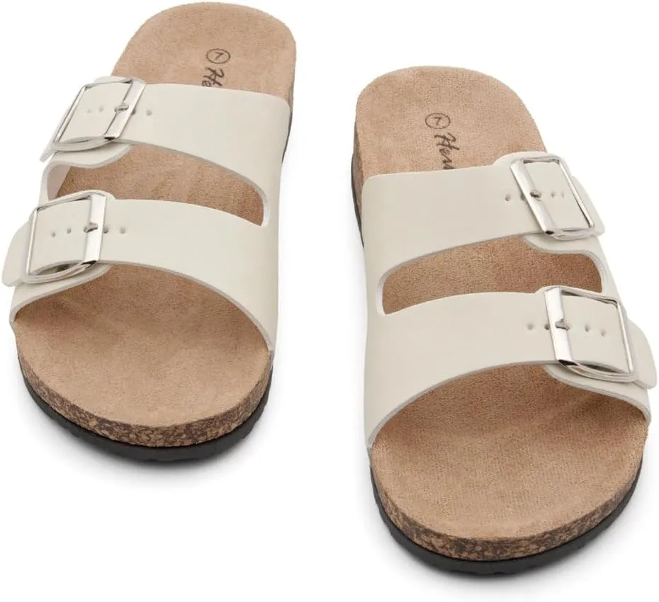 Herstyle Softey Womens Cork Footbed Sandals - Adjustable 2-Strap Comfort Slides | Slip On Open Toe Flat Sandals for Women | Summer Beach Casual Everyday Wear