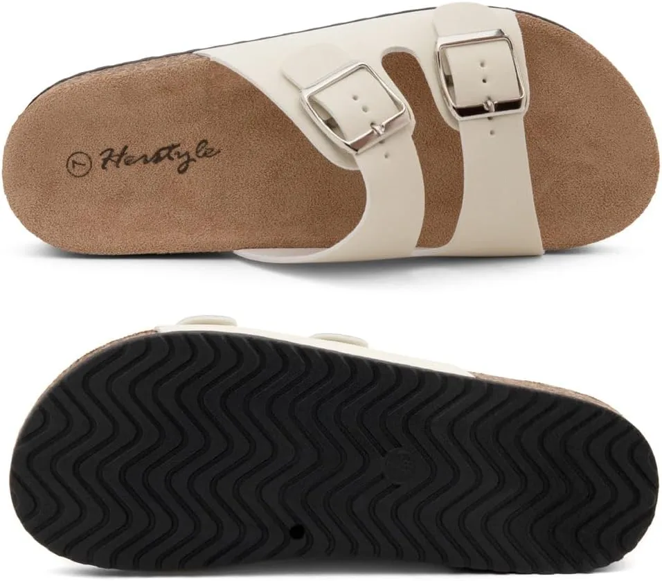 Herstyle Softey Womens Cork Footbed Sandals - Adjustable 2-Strap Comfort Slides | Slip On Open Toe Flat Sandals for Women | Summer Beach Casual Everyday Wear