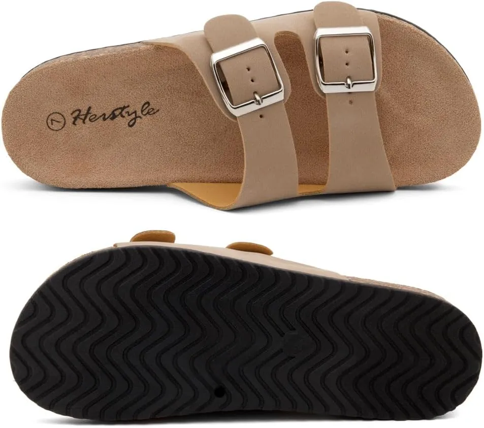 Herstyle Softey Womens Cork Footbed Sandals - Adjustable 2-Strap Comfort Slides | Slip On Open Toe Flat Sandals for Women | Summer Beach Casual Everyday Wear