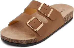Herstyle Softey Womens Cork Footbed Sandals - Adjustable 2-Strap Comfort Slides | Slip On Open Toe Flat Sandals for Women | Summer Beach Casual Everyday Wear