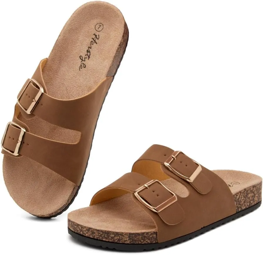 Herstyle Softey Womens Cork Footbed Sandals - Adjustable 2-Strap Comfort Slides | Slip On Open Toe Flat Sandals for Women | Summer Beach Casual Everyday Wear