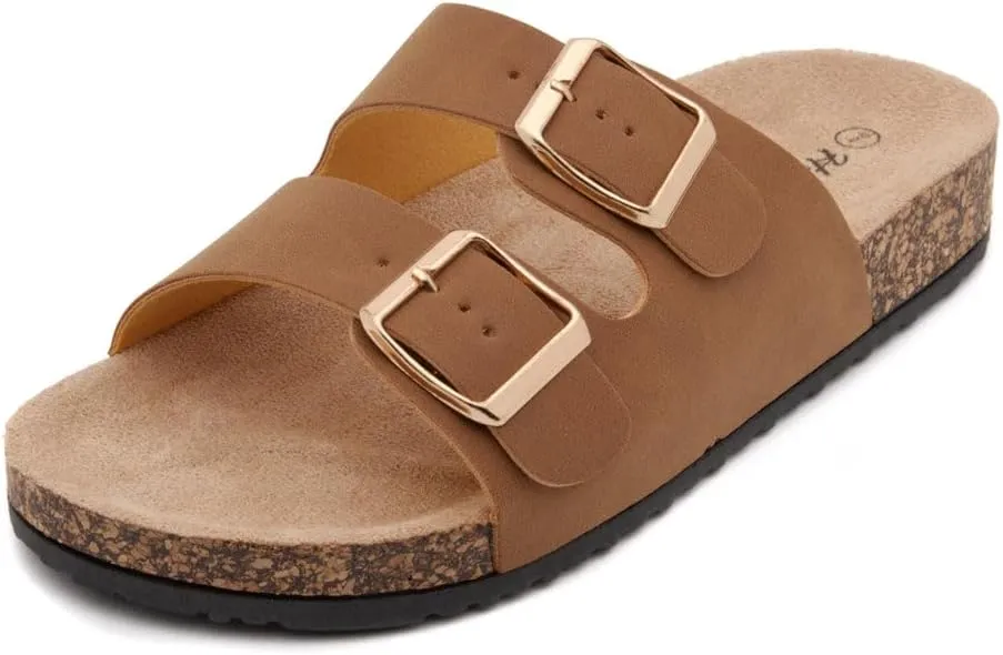 Herstyle Softey Womens Cork Footbed Sandals - Adjustable 2-Strap Comfort Slides | Slip On Open Toe Flat Sandals for Women | Summer Beach Casual Everyday Wear