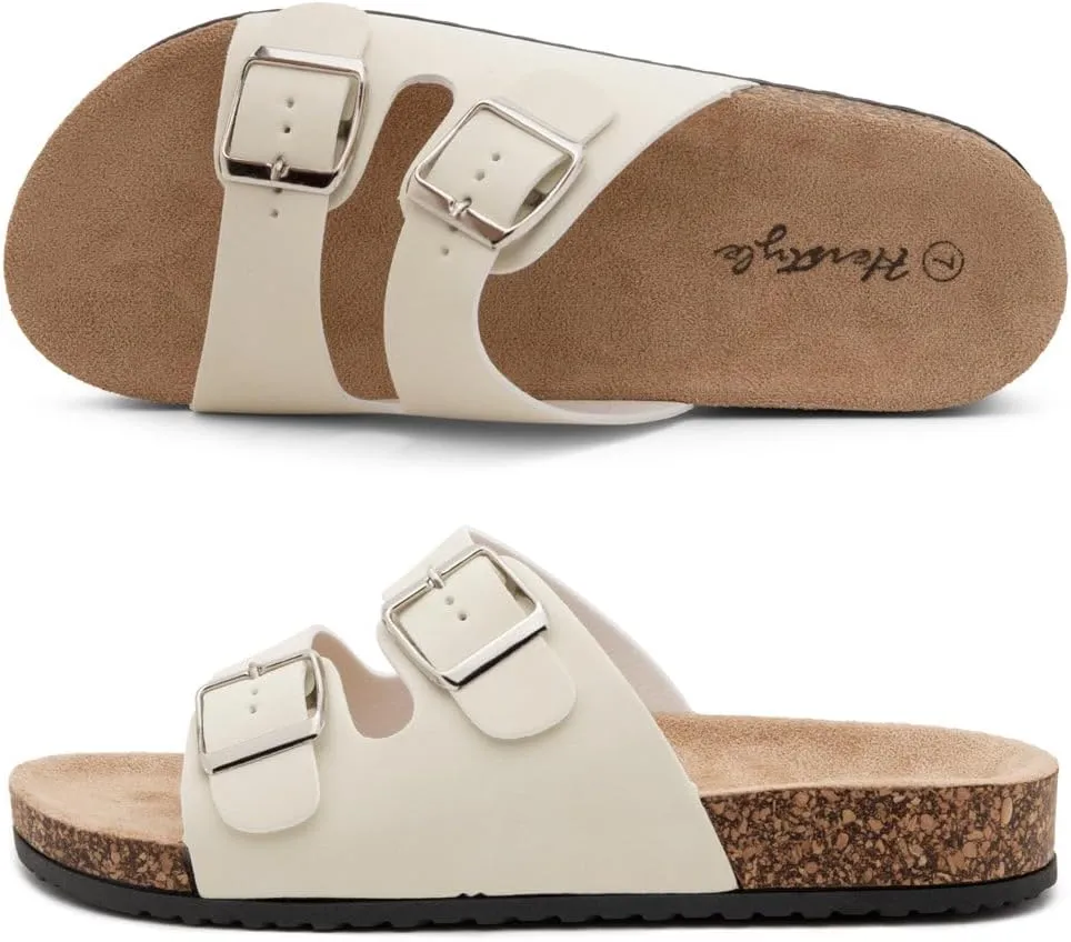 Herstyle Softey Womens Cork Footbed Sandals - Adjustable 2-Strap Comfort Slides | Slip On Open Toe Flat Sandals for Women | Summer Beach Casual Everyday Wear