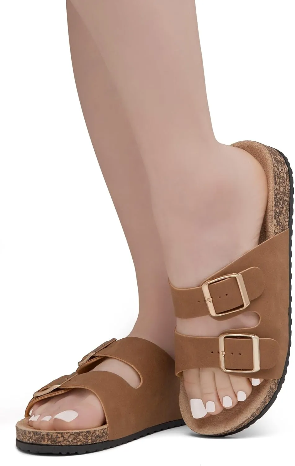 Herstyle Softey Womens Cork Footbed Sandals - Adjustable 2-Strap Comfort Slides | Slip On Open Toe Flat Sandals for Women | Summer Beach Casual Everyday Wear