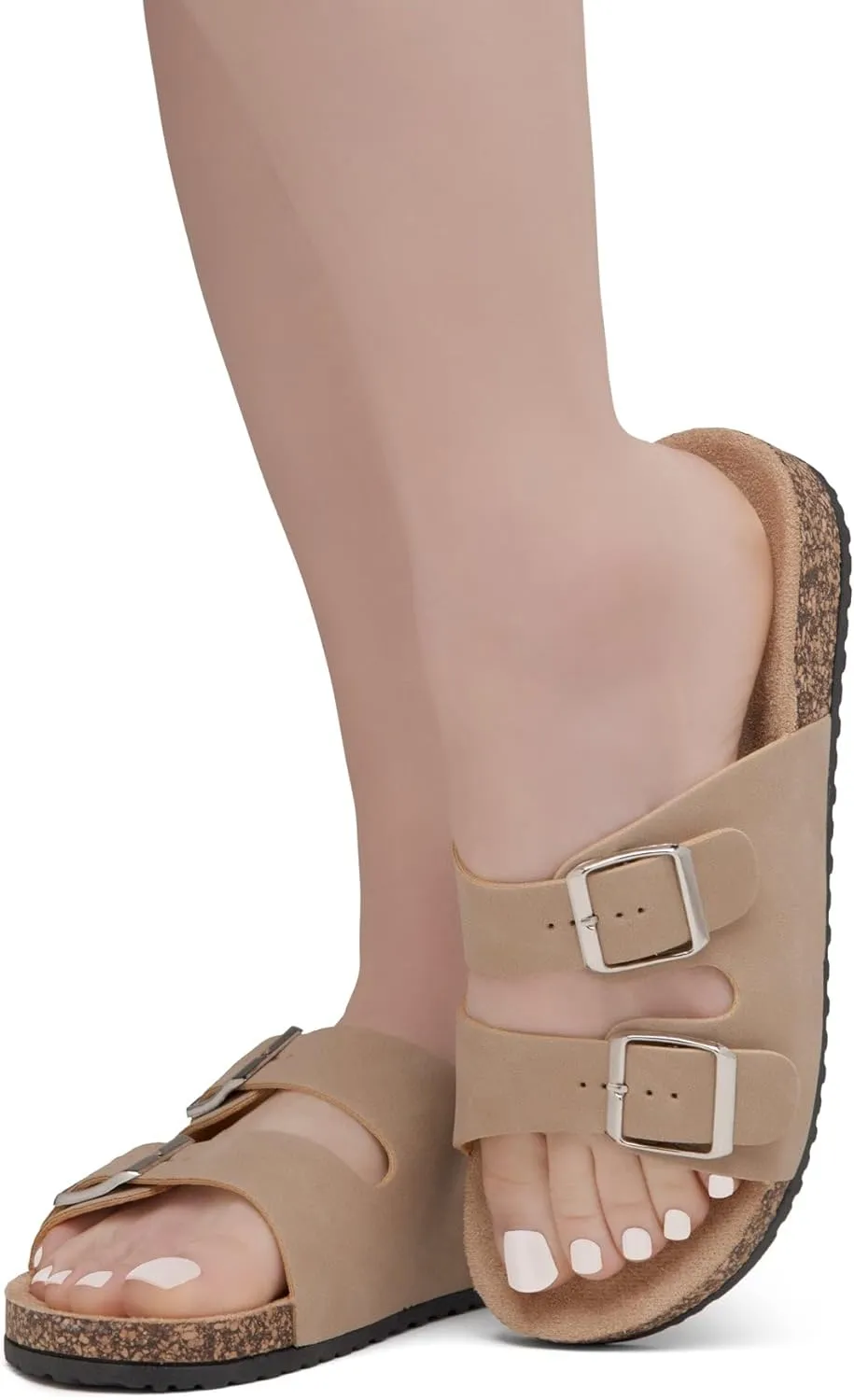 Herstyle Softey Womens Cork Footbed Sandals - Adjustable 2-Strap Comfort Slides | Slip On Open Toe Flat Sandals for Women | Summer Beach Casual Everyday Wear