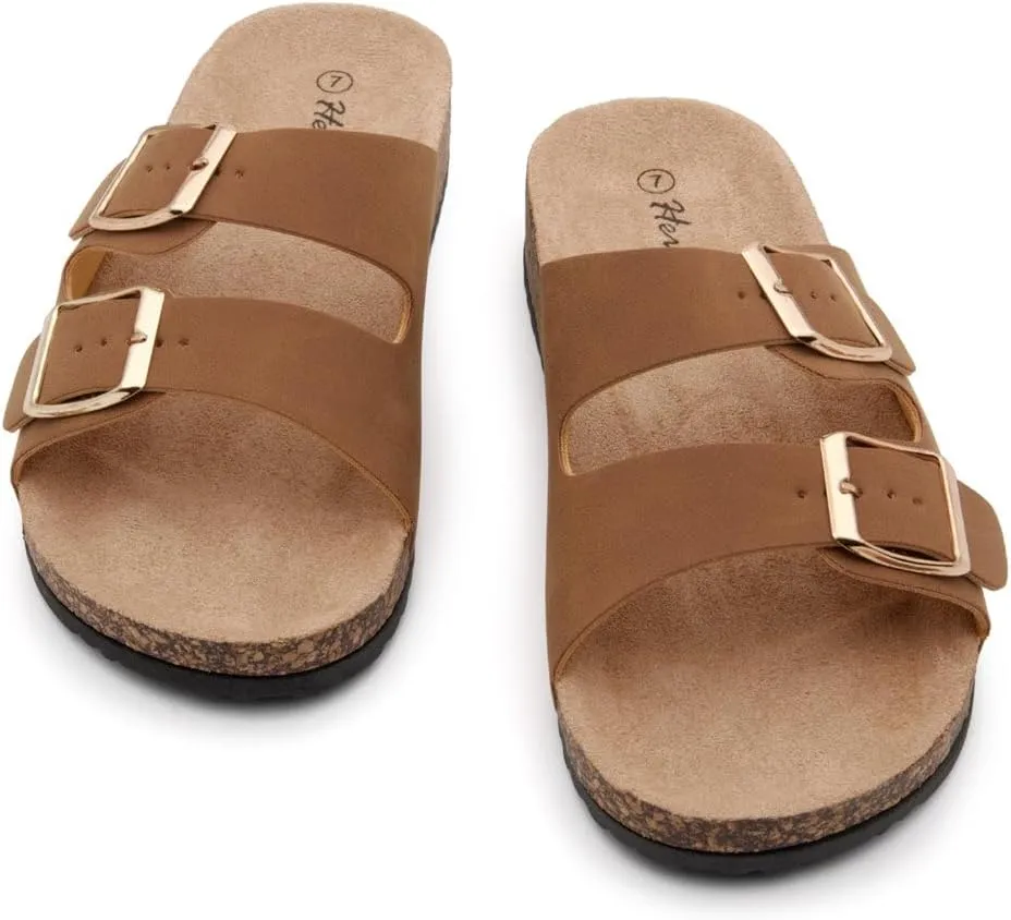 Herstyle Softey Womens Cork Footbed Sandals - Adjustable 2-Strap Comfort Slides | Slip On Open Toe Flat Sandals for Women | Summer Beach Casual Everyday Wear