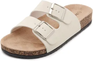 Herstyle Softey Womens Cork Footbed Sandals - Adjustable 2-Strap Comfort Slides | Slip On Open Toe Flat Sandals for Women | Summer Beach Casual Everyday Wear