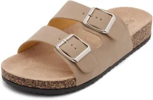 Herstyle Softey Womens Cork Footbed Sandals - Adjustable 2-Strap Comfort Slides | Slip On Open Toe Flat Sandals for Women | Summer Beach Casual Everyday Wear