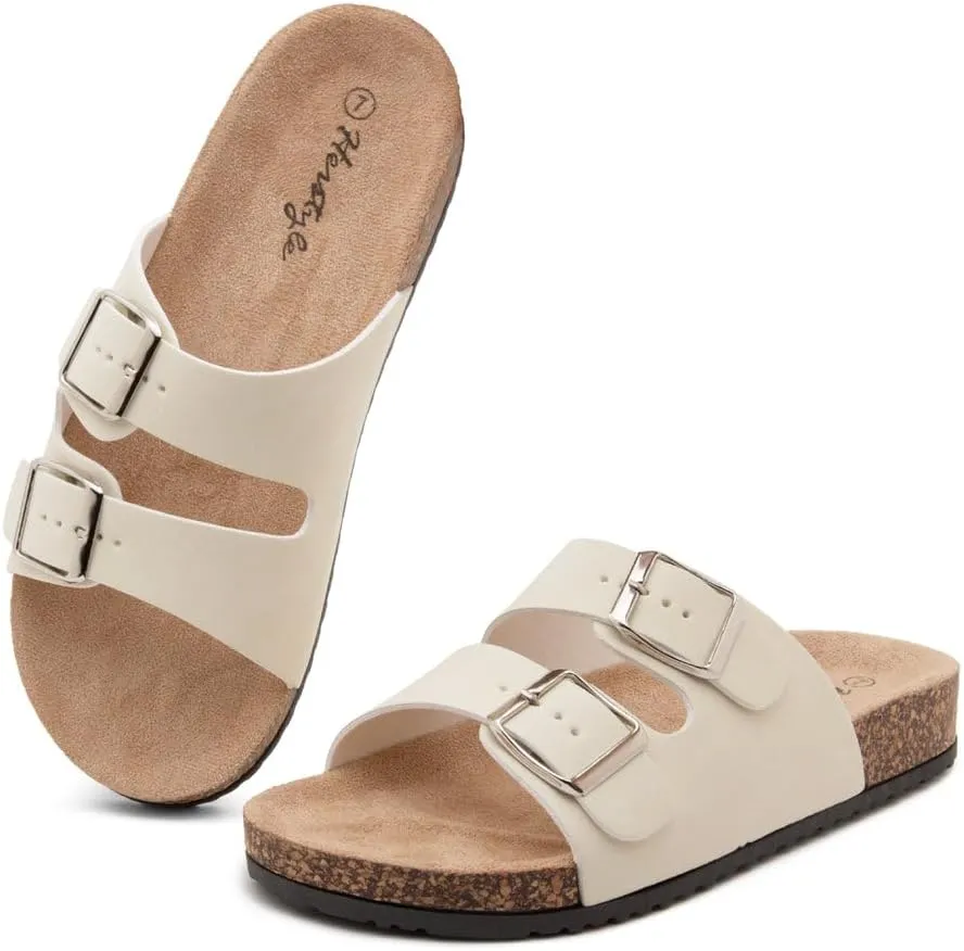 Herstyle Softey Womens Cork Footbed Sandals - Adjustable 2-Strap Comfort Slides | Slip On Open Toe Flat Sandals for Women | Summer Beach Casual Everyday Wear
