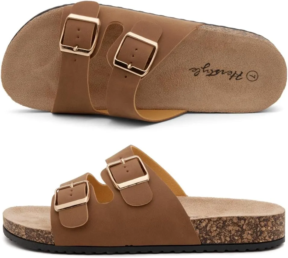 Herstyle Softey Womens Cork Footbed Sandals - Adjustable 2-Strap Comfort Slides | Slip On Open Toe Flat Sandals for Women | Summer Beach Casual Everyday Wear
