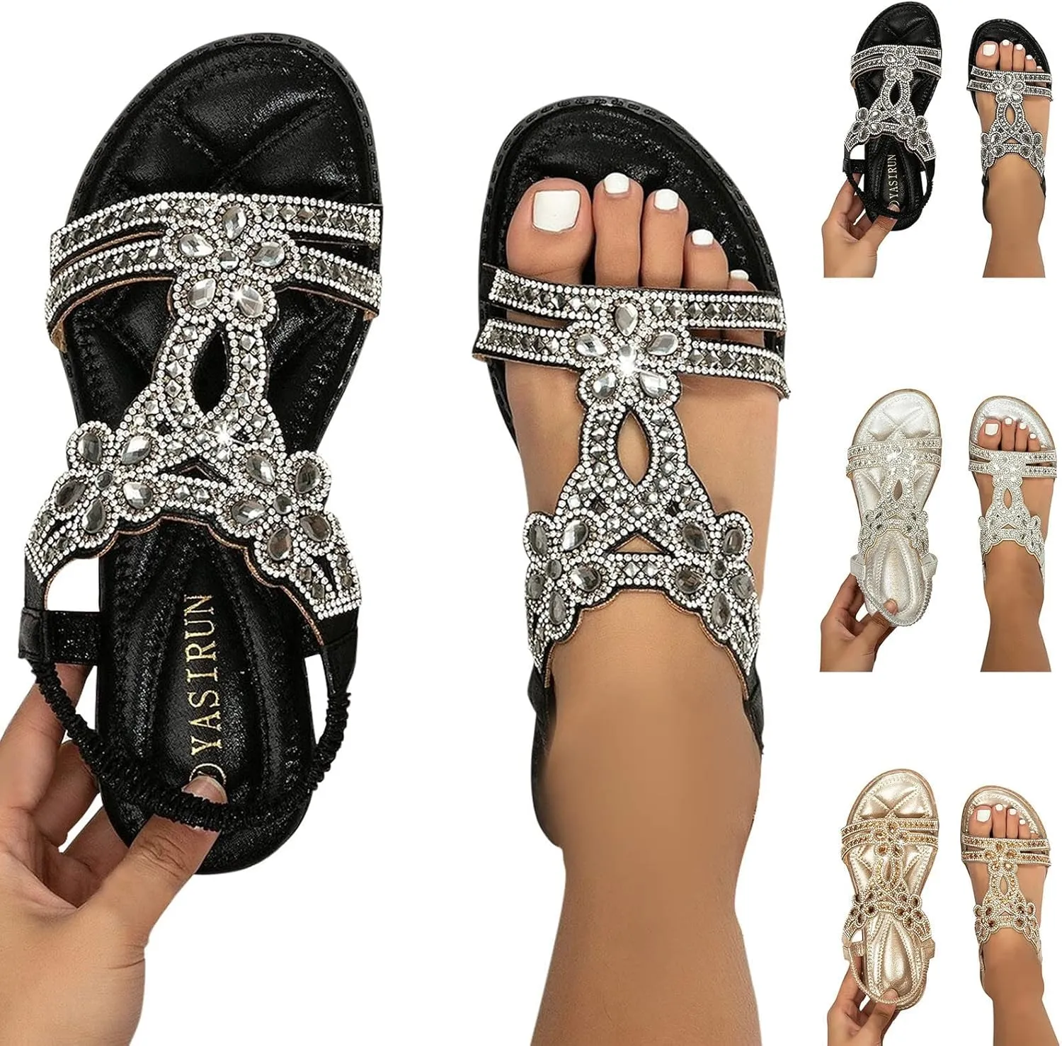 HINDOLA Women Rhinestone Sandals Summer Flat Gladiator Ankle Dress Strap Boho Beach Shoes Crystal Casual Arch Support Sandals
