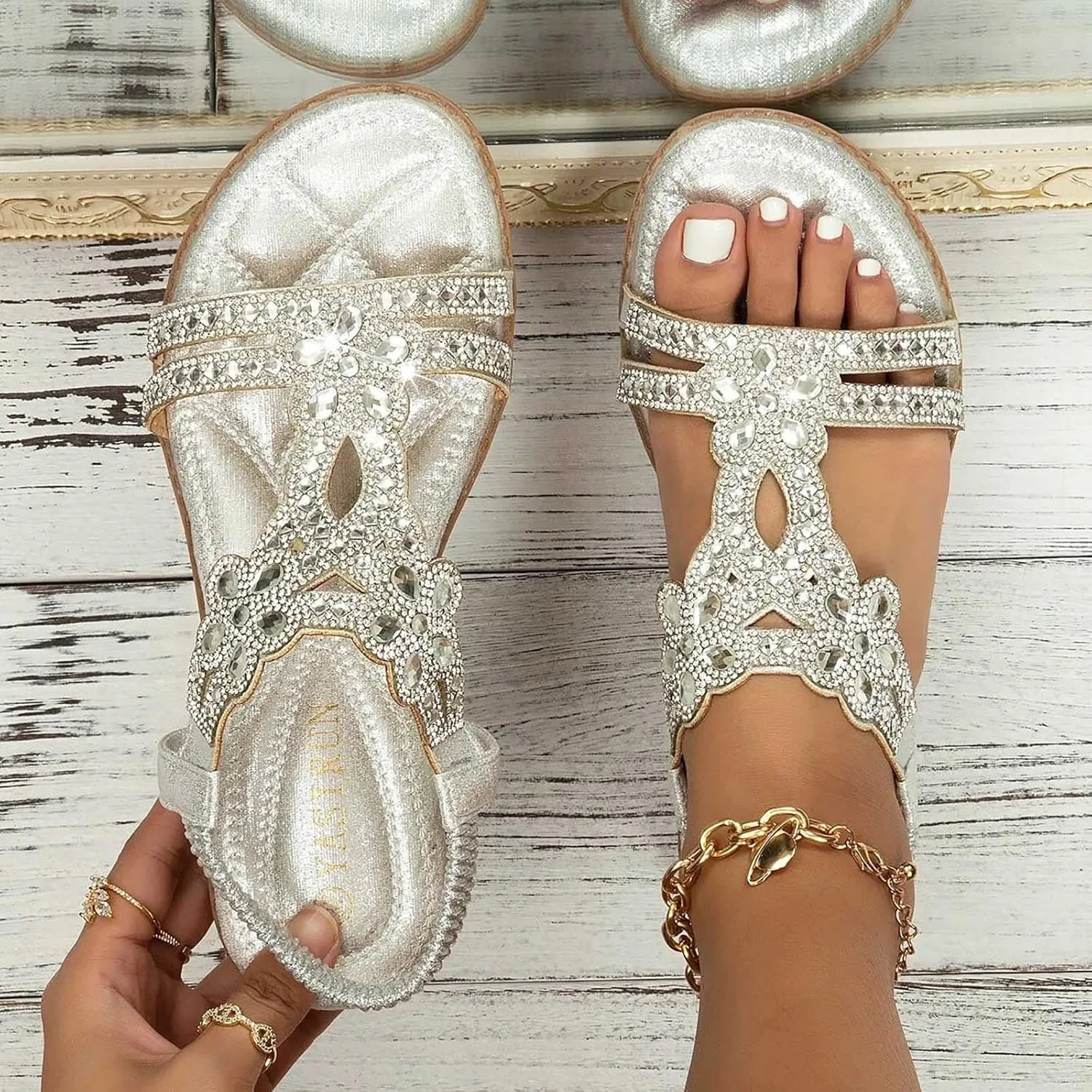 HINDOLA Women Rhinestone Sandals Summer Flat Gladiator Ankle Dress Strap Boho Beach Shoes Crystal Casual Arch Support Sandals