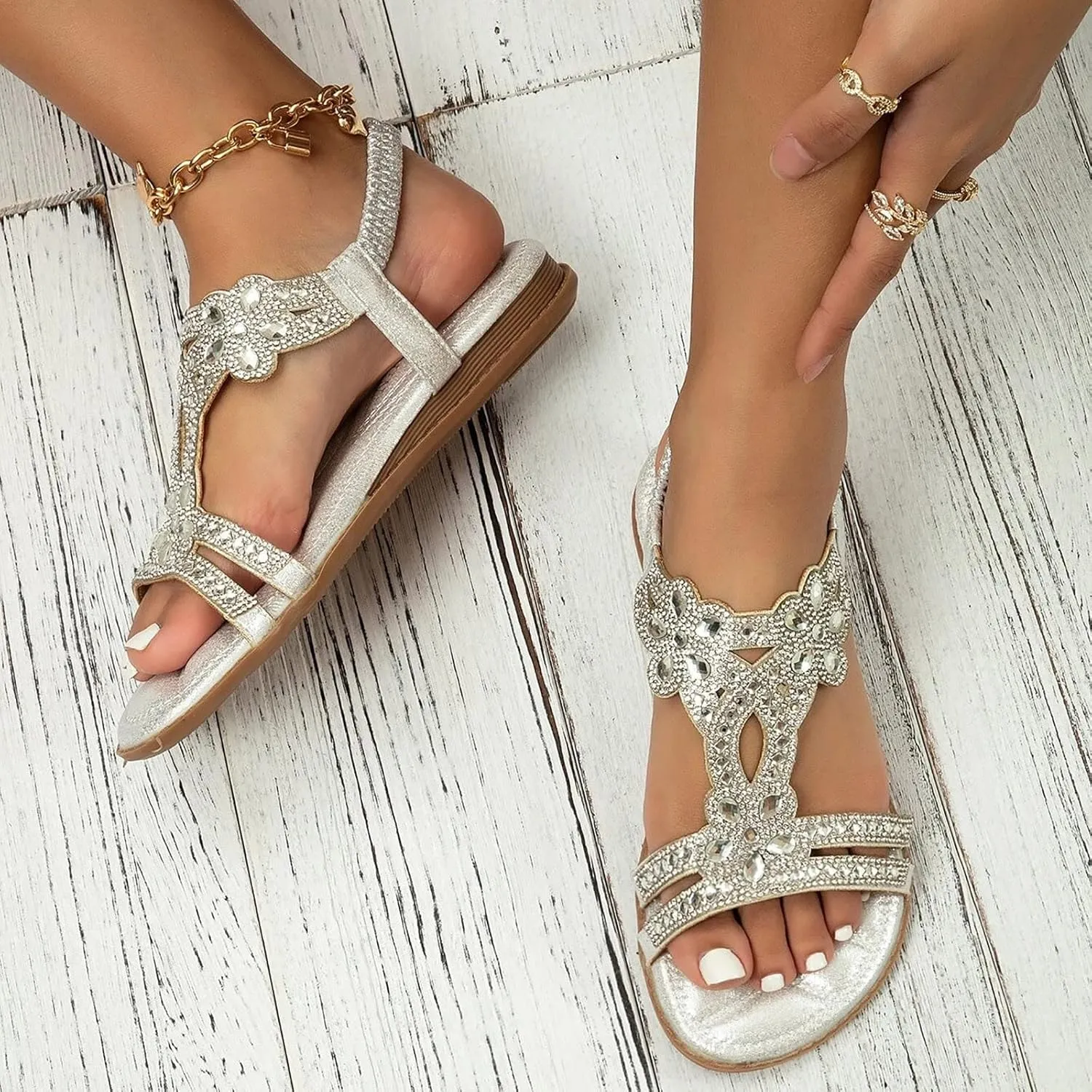 HINDOLA Women Rhinestone Sandals Summer Flat Gladiator Ankle Dress Strap Boho Beach Shoes Crystal Casual Arch Support Sandals