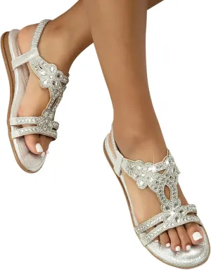 HINDOLA Women Rhinestone Sandals Summer Flat Gladiator Ankle Dress Strap Boho Beach Shoes Crystal Casual Arch Support Sandals