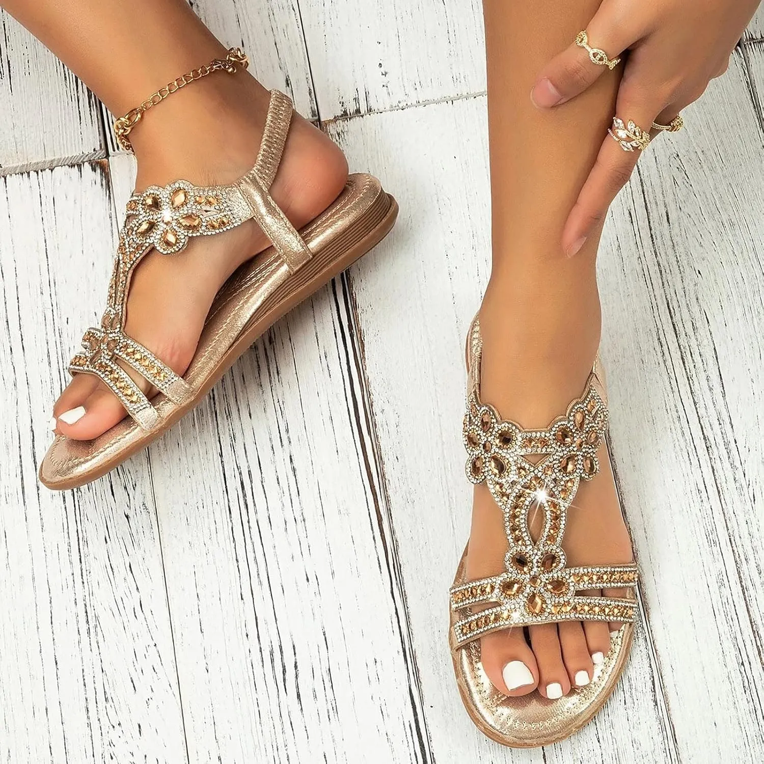 HINDOLA Women Rhinestone Sandals Summer Flat Gladiator Ankle Dress Strap Boho Beach Shoes Crystal Casual Arch Support Sandals