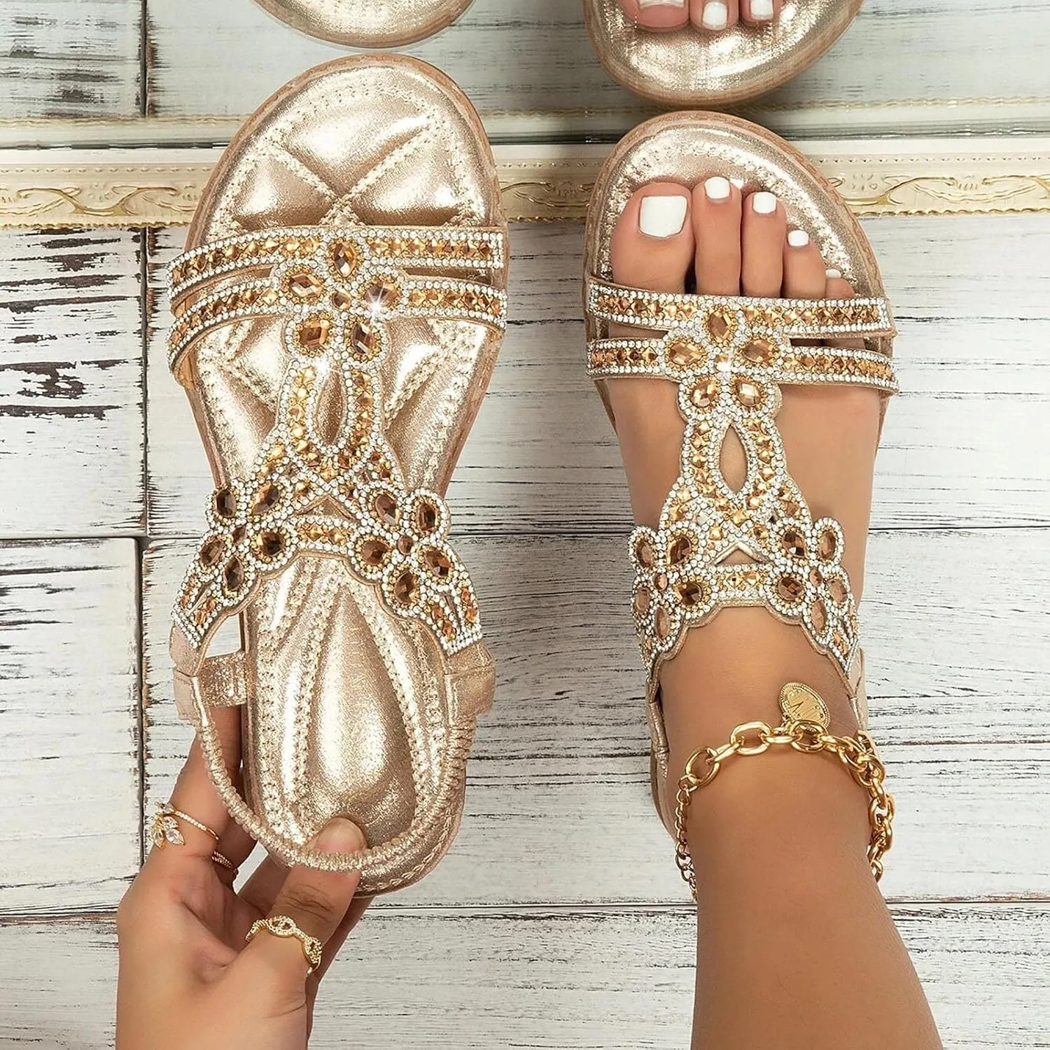 HINDOLA Women Rhinestone Sandals Summer Flat Gladiator Ankle Dress Strap Boho Beach Shoes Crystal Casual Arch Support Sandals