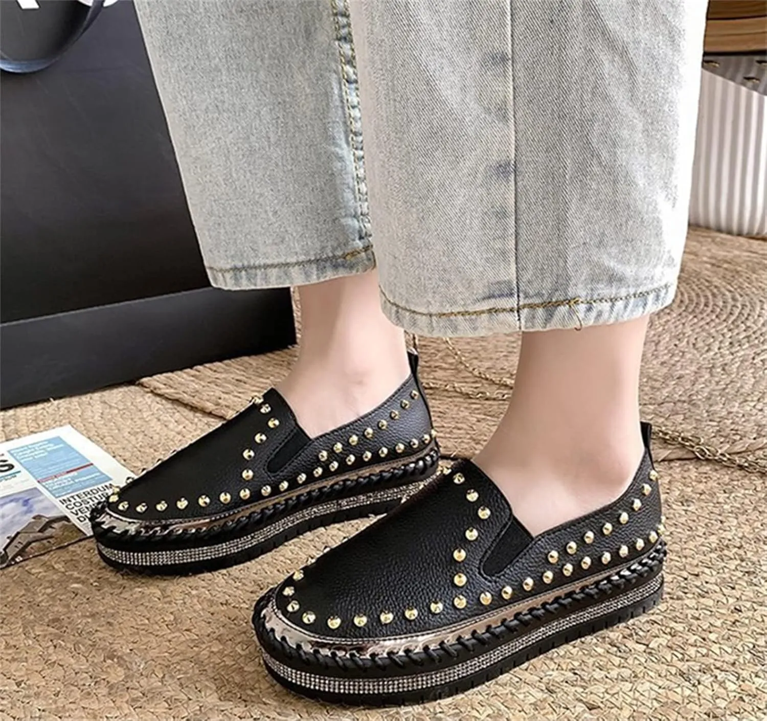 HINDOLA Women's Fashion Sparkly Rhinestone Sneakers Low Top Bling Casual Walking Shoes Flats Low Top Loafers for Women