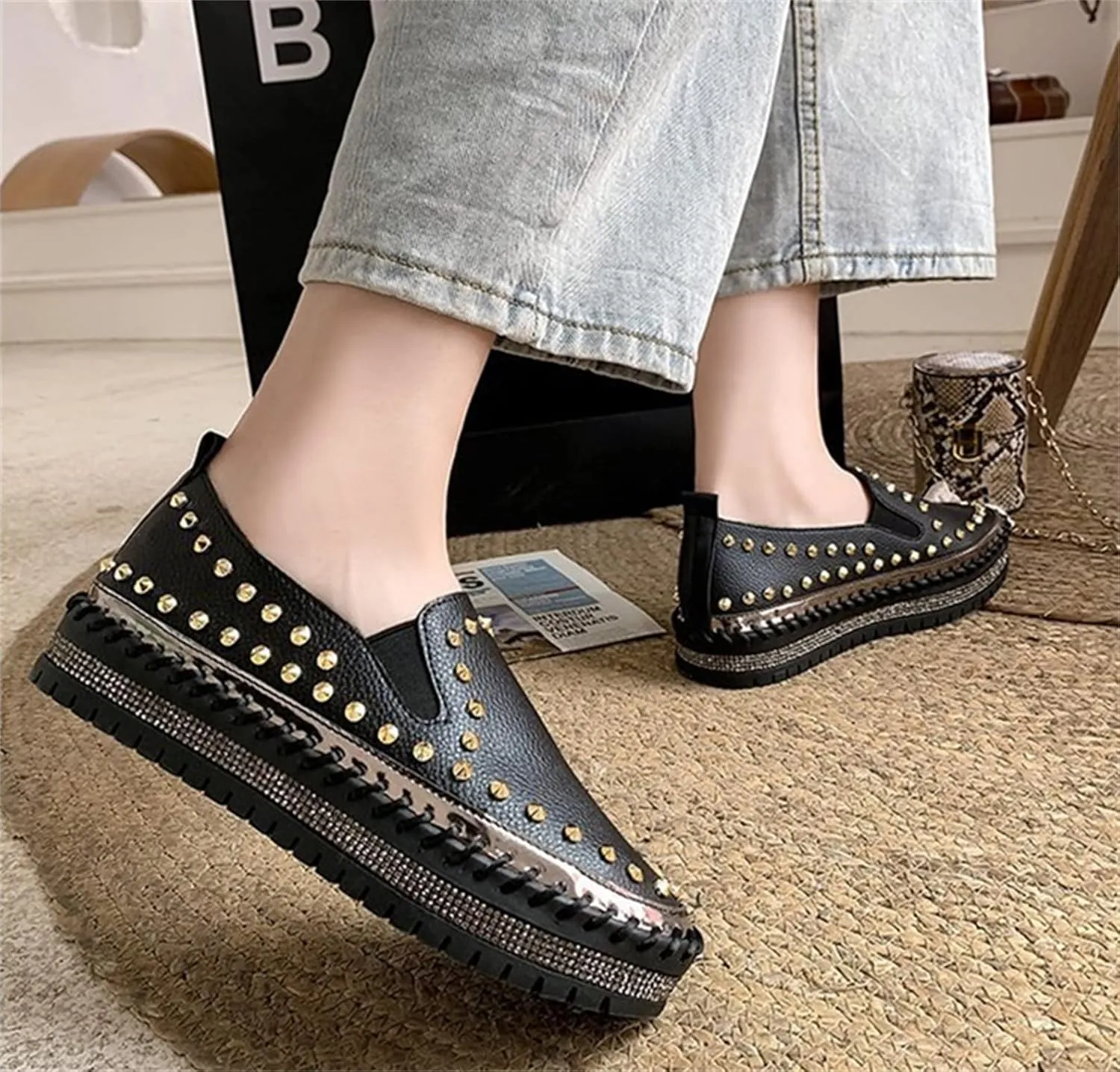 HINDOLA Women's Fashion Sparkly Rhinestone Sneakers Low Top Bling Casual Walking Shoes Flats Low Top Loafers for Women
