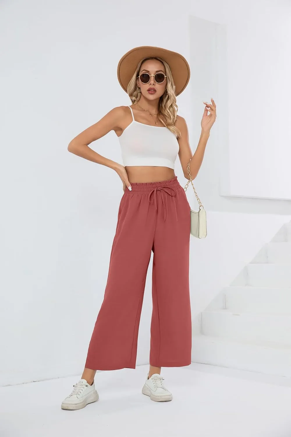 HIYIYEZI Womens Wide Leg Lounge Pants High Waisted Drawstring Casual Loose Palazzo Trousers with Pockets