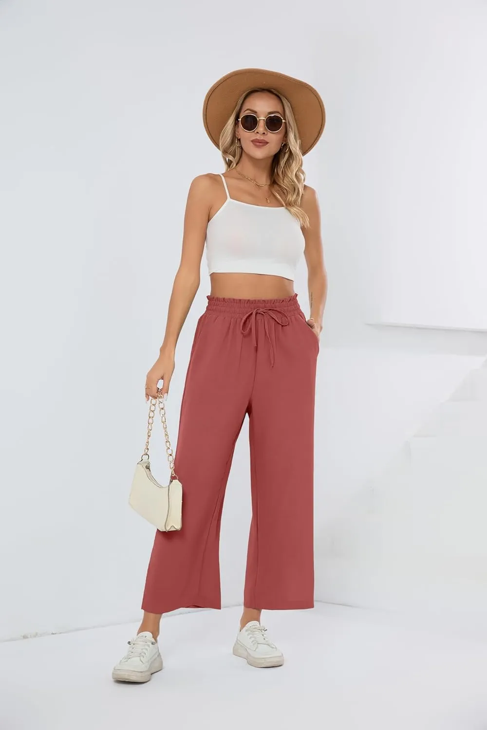 HIYIYEZI Womens Wide Leg Lounge Pants High Waisted Drawstring Casual Loose Palazzo Trousers with Pockets
