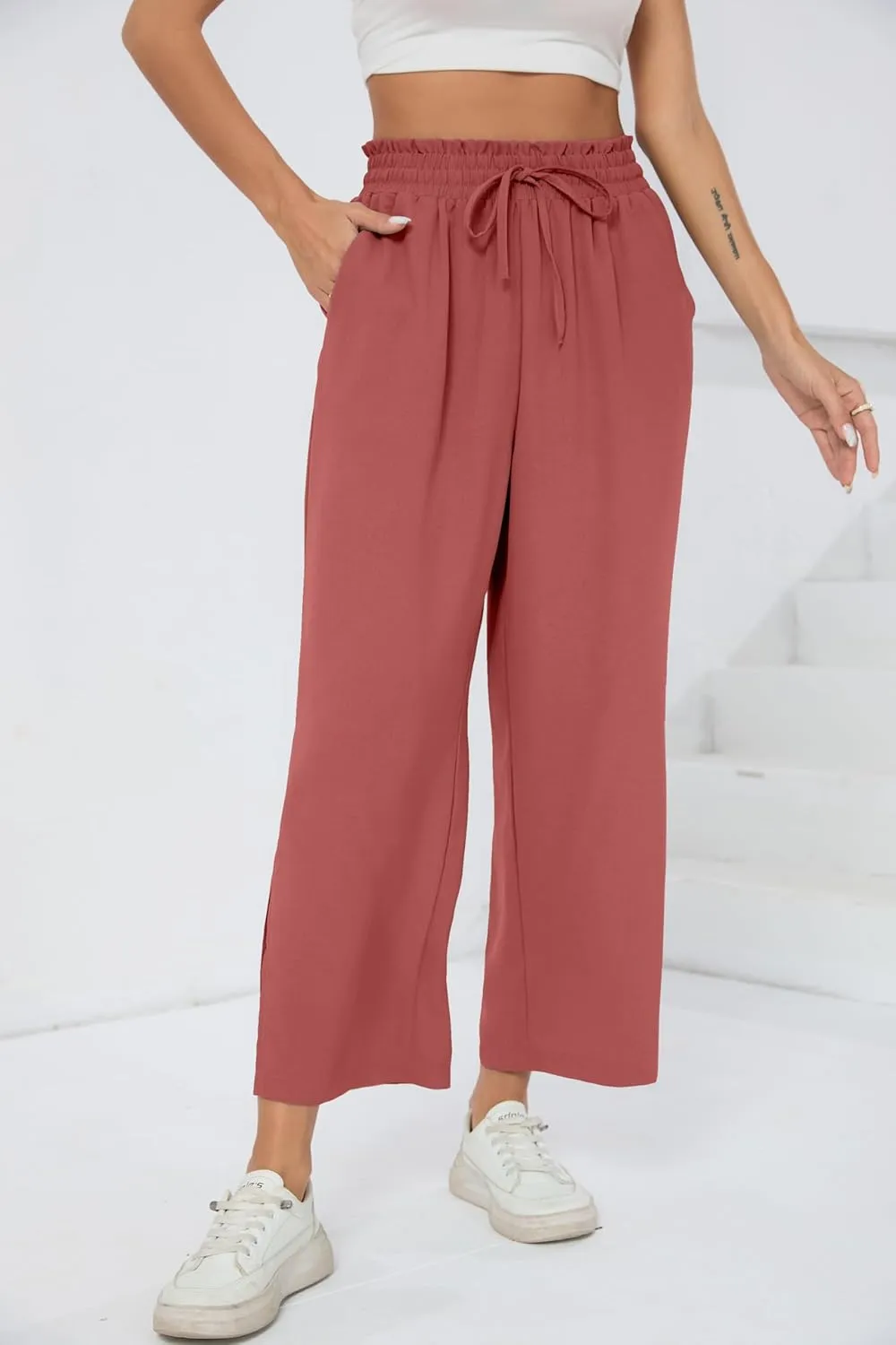 HIYIYEZI Womens Wide Leg Lounge Pants High Waisted Drawstring Casual Loose Palazzo Trousers with Pockets
