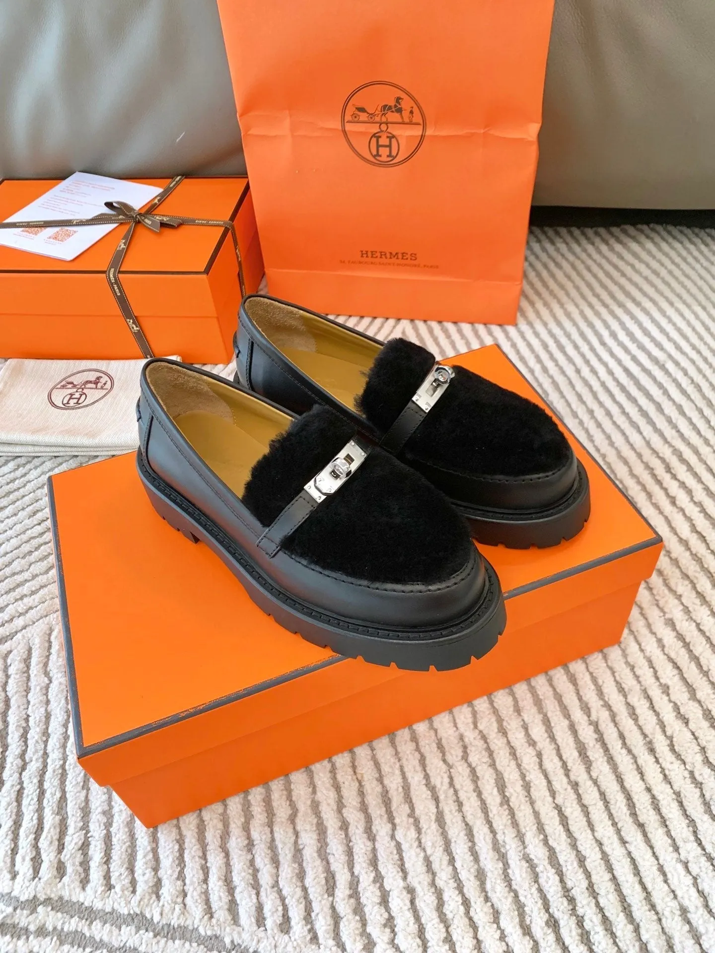 HM Icone Loafer Black Nappa Goat Leather And Rabbit Fur 963171
