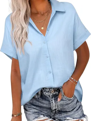 HOTOUCH Linen Button Down Shirt Women Short Sleeve Cotton Blouses V Neck Collared Summer Beach Tops S-2XL