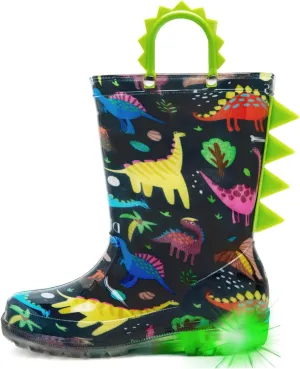 HugRain Toddler Boys Adorable Dinosaur Light Up Rain Boots