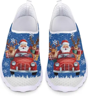HUIACONG Christmas Blue Road Running Sneaker Santa Claus Elk Women's Sneakers Size 10 Slip On Mesh Shoes for Tennis Walking Jogging Hiking Shoes-Car Snowflake Xmas Gifts