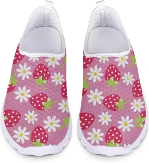 HUIACONG Strawberry Daisy Womens Slip Ons Sneakers Pink Teen Girls Mesh Running Shoes Size 8 Breathable Athletic Flat for Active Yoga Outdoor Sports Footwear