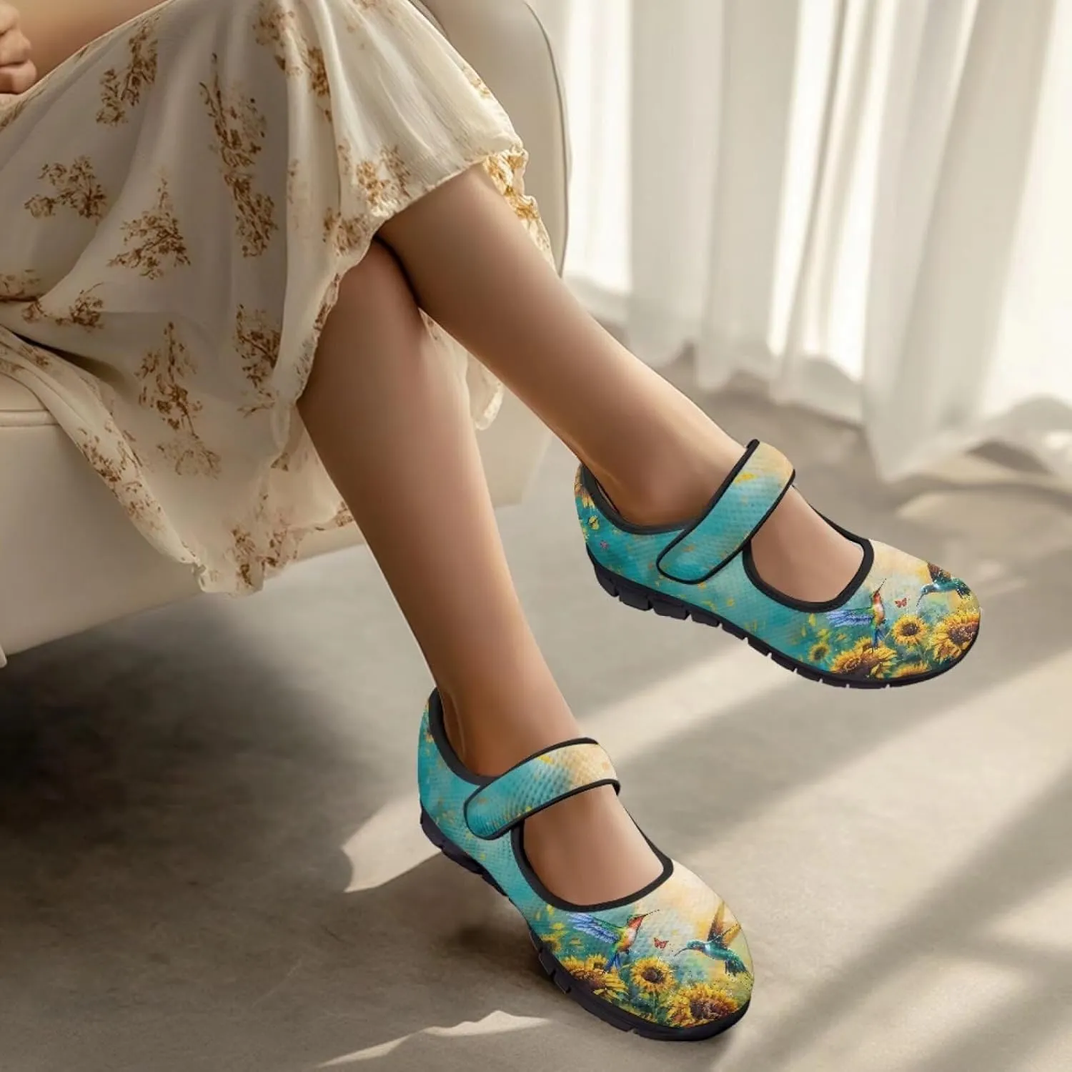 Hummingbird Mary Jane Shoes Wide Width Dress Flats Dressy Round Toe Office Work Shoes for Women