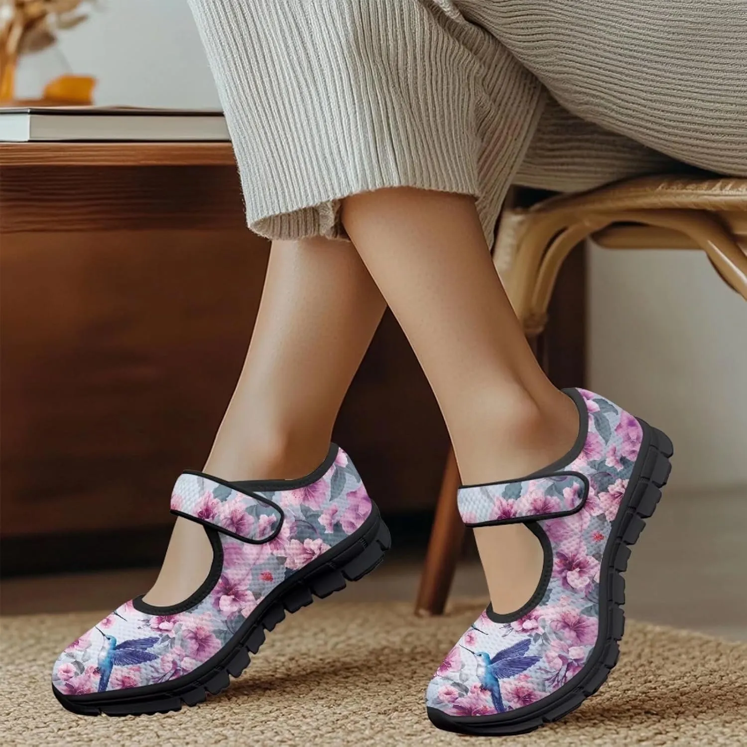 Hummingbird Mary Jane Shoes Wide Width Dress Flats Dressy Round Toe Office Work Shoes for Women