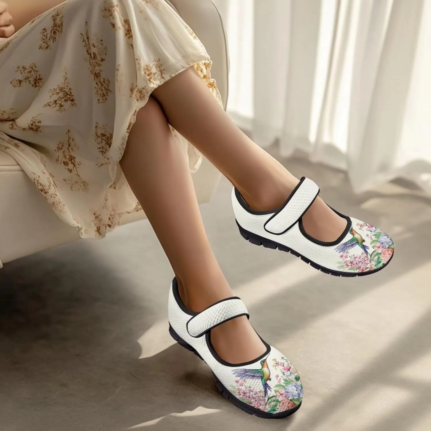 Hummingbird Mary Jane Shoes Wide Width Dress Flats Dressy Round Toe Office Work Shoes for Women