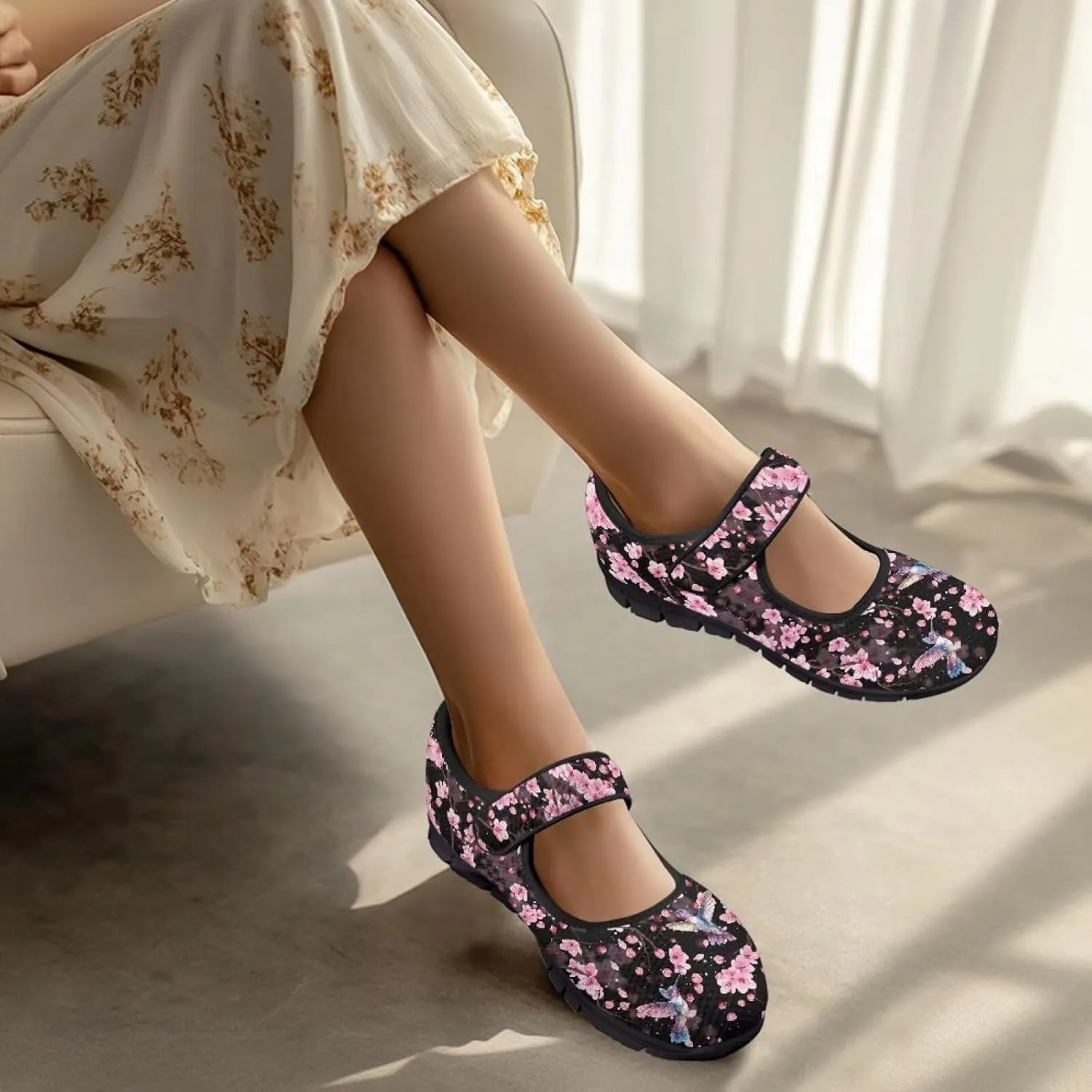 Hummingbird Mary Jane Shoes Wide Width Dress Flats Dressy Round Toe Office Work Shoes for Women