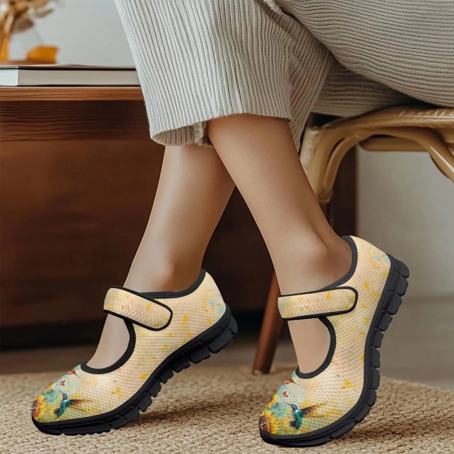 Hummingbird Mary Jane Shoes Wide Width Dress Flats Dressy Round Toe Office Work Shoes for Women