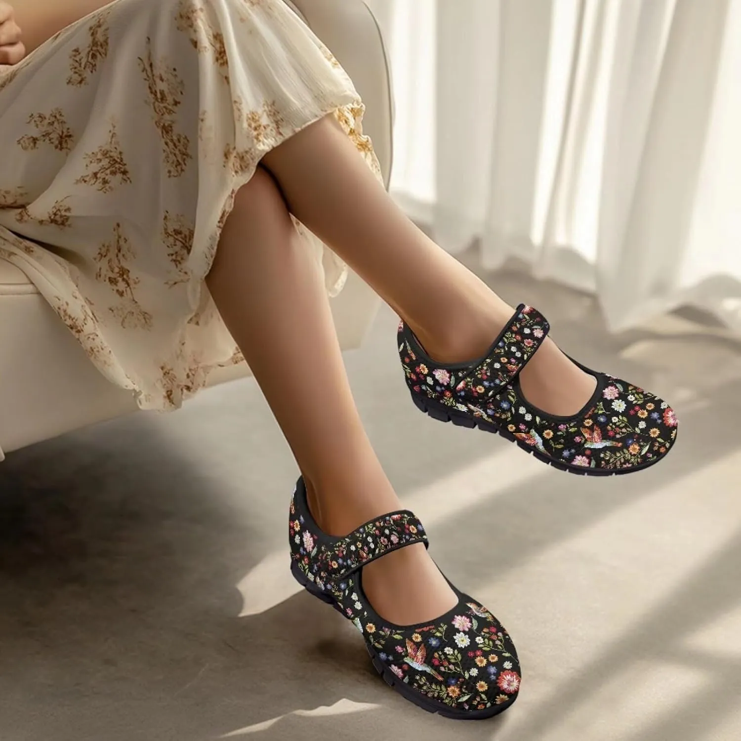 Hummingbird Mary Jane Shoes Wide Width Dress Flats Dressy Round Toe Office Work Shoes for Women