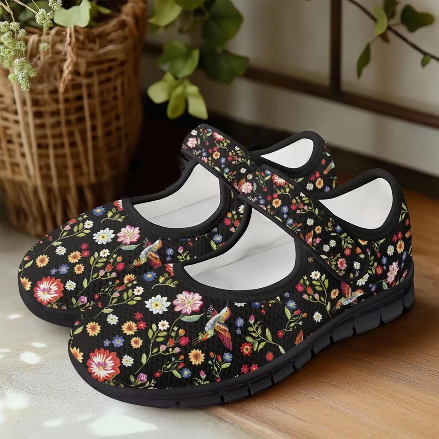 Hummingbird Mary Jane Shoes Wide Width Dress Flats Dressy Round Toe Office Work Shoes for Women