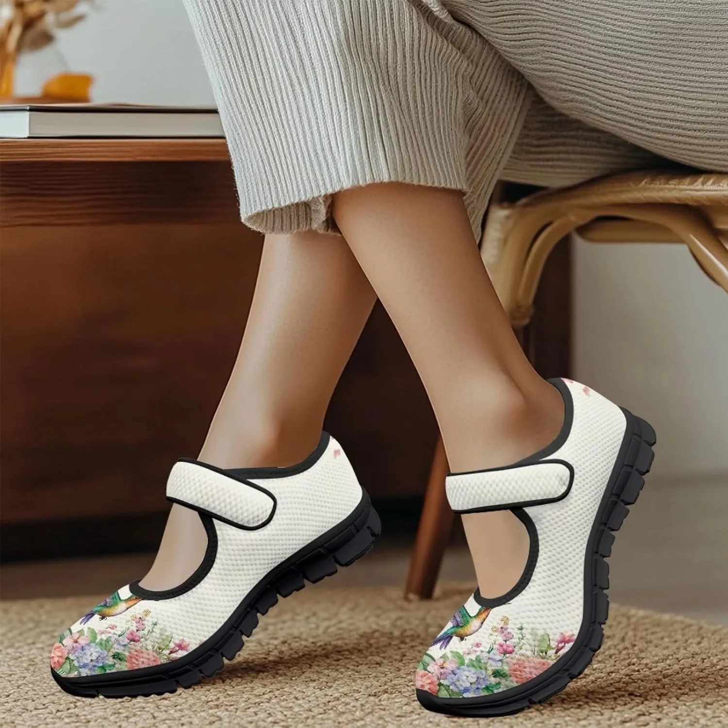 Hummingbird Mary Jane Shoes Wide Width Dress Flats Dressy Round Toe Office Work Shoes for Women