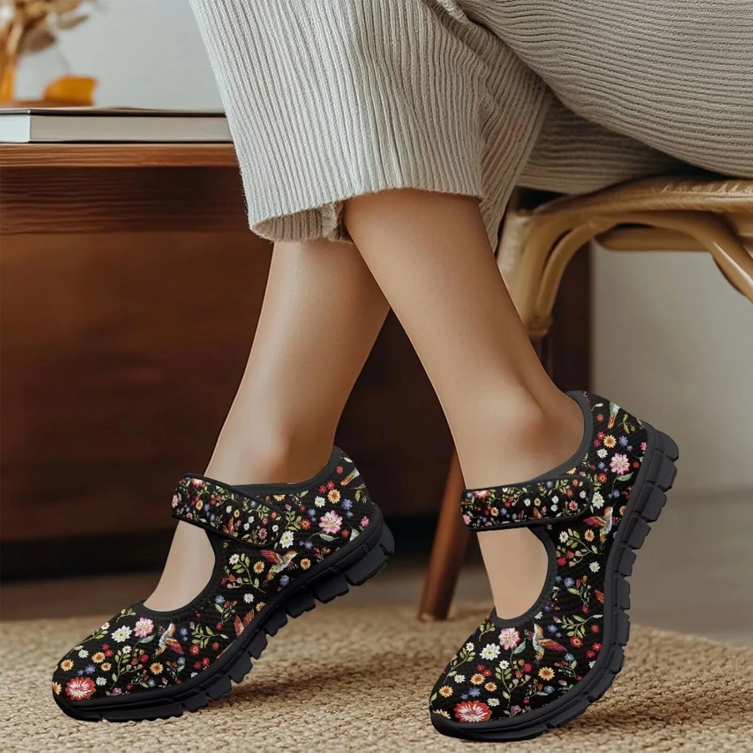 Hummingbird Mary Jane Shoes Wide Width Dress Flats Dressy Round Toe Office Work Shoes for Women