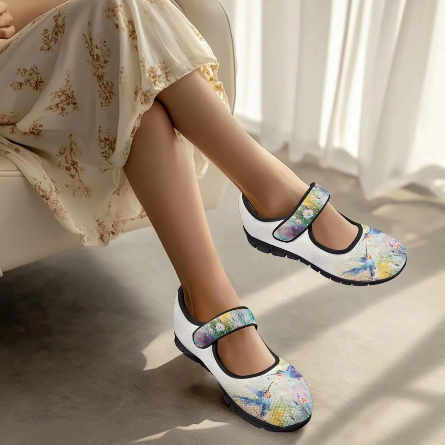 Hummingbird Mary Jane Shoes Wide Width Dress Flats Dressy Round Toe Office Work Shoes for Women