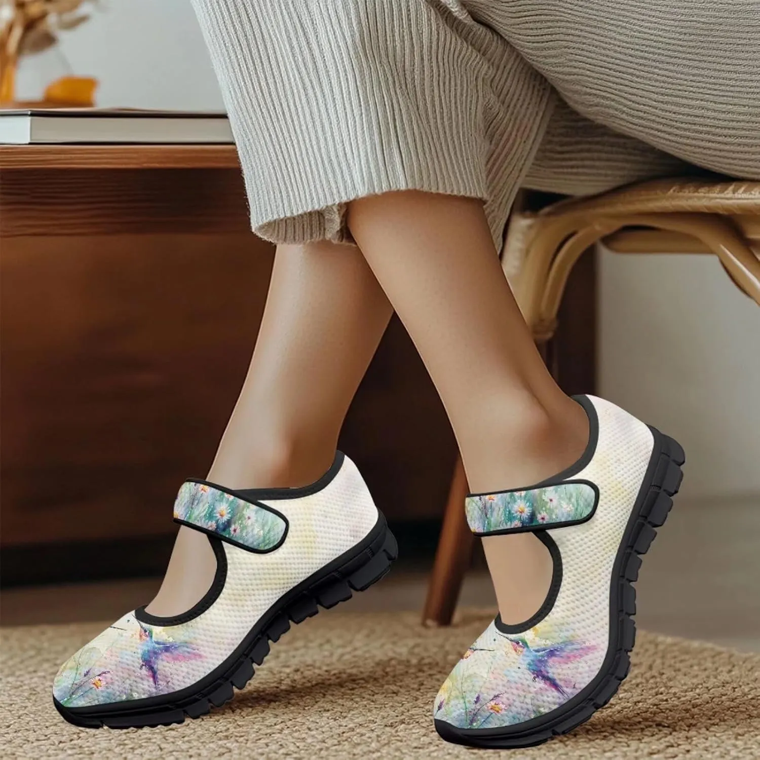 Hummingbird Mary Jane Shoes Wide Width Dress Flats Dressy Round Toe Office Work Shoes for Women