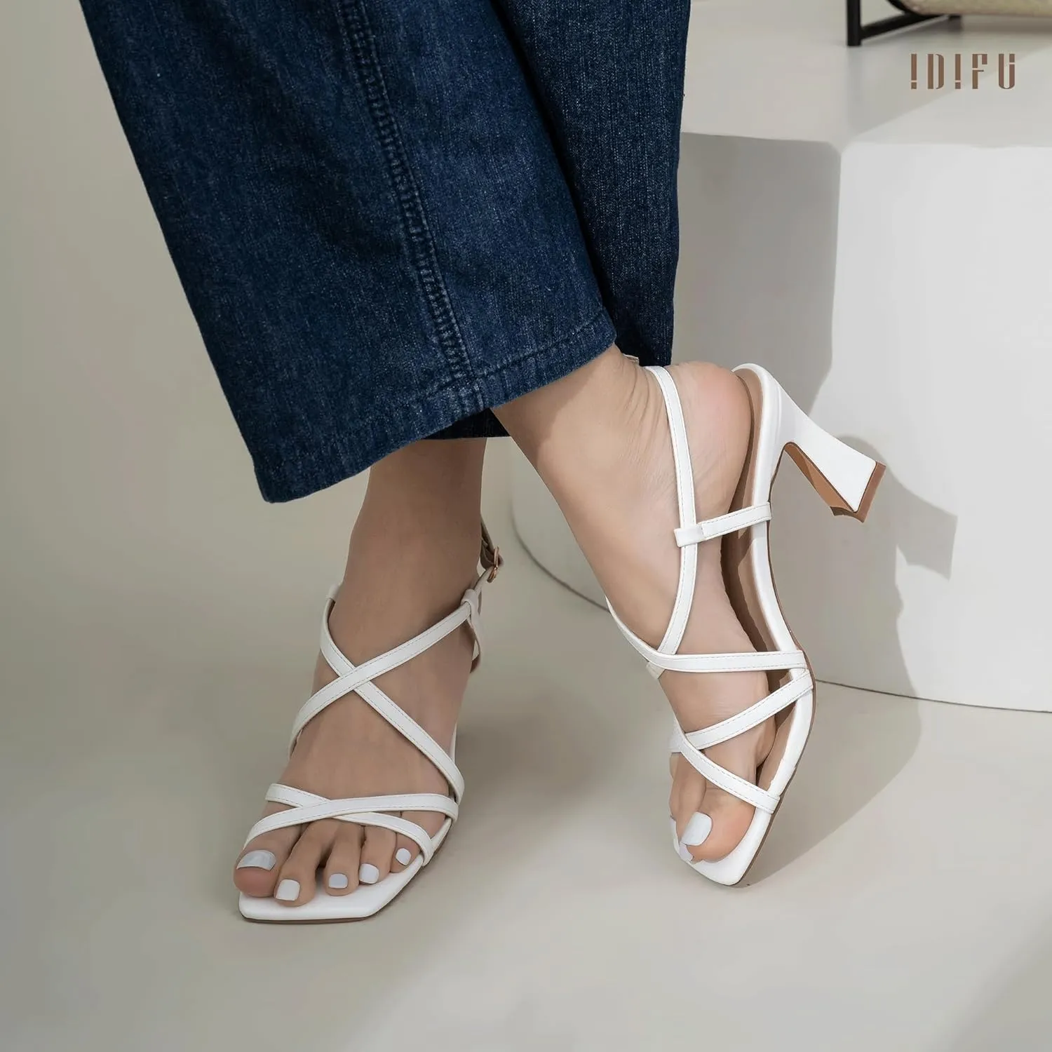 IDIFU IN3 Strappy Heels for Women Low Block Chunky Square Open Toe Kitten Heels Slingback Ankle Strap Dressy Wedding Bride Daily Party Comfortable Sexy Dress Shoes