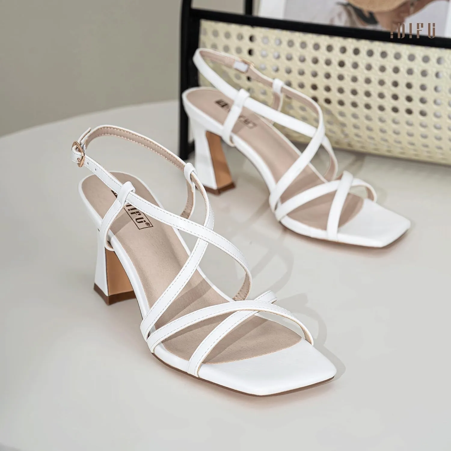 IDIFU IN3 Strappy Heels for Women Low Block Chunky Square Open Toe Kitten Heels Slingback Ankle Strap Dressy Wedding Bride Daily Party Comfortable Sexy Dress Shoes