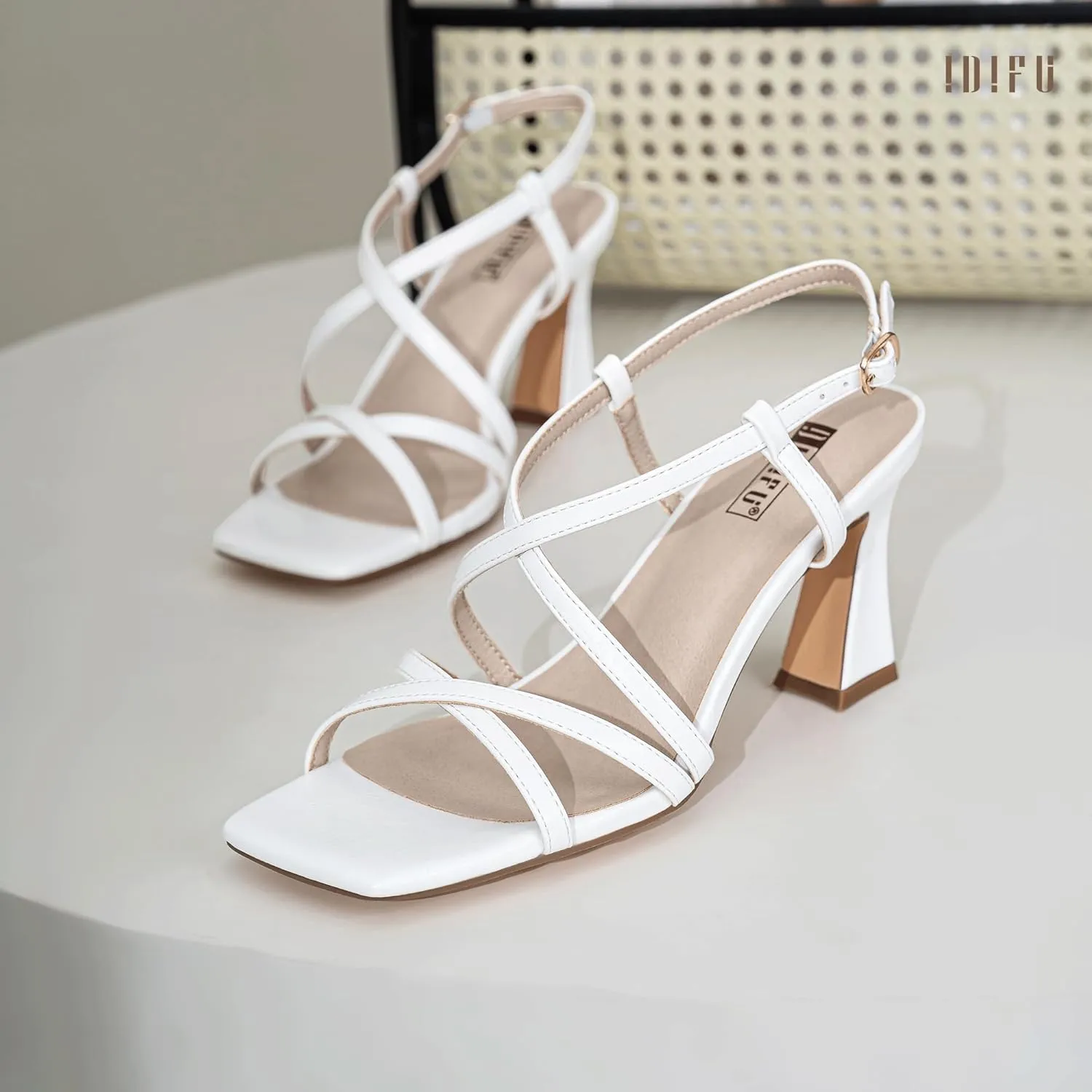 IDIFU IN3 Strappy Heels for Women Low Block Chunky Square Open Toe Kitten Heels Slingback Ankle Strap Dressy Wedding Bride Daily Party Comfortable Sexy Dress Shoes
