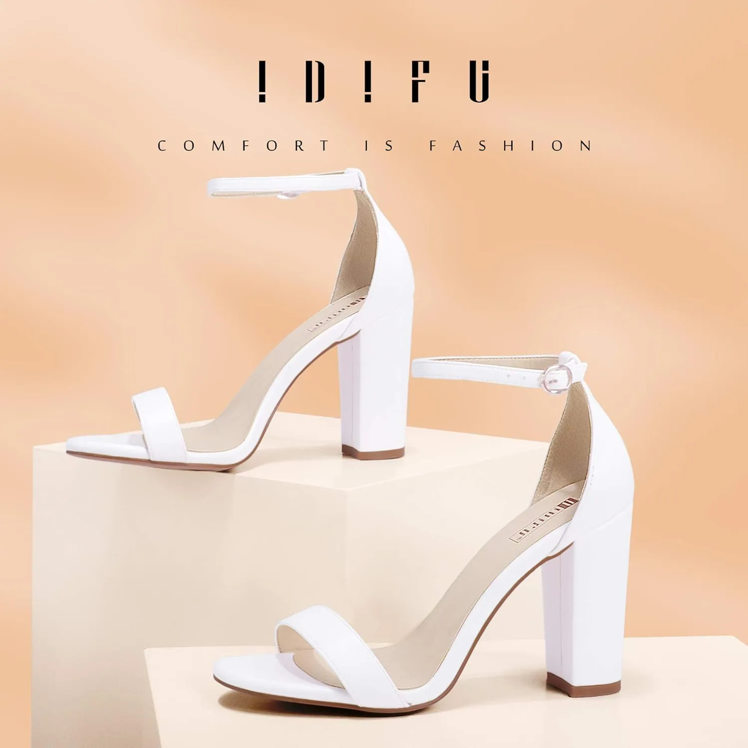 IDIFU Women's IN4 Cookie-HI Chunky High Heel Sandals Open Toe Ankle Strap Wedding Bridal Prom Dress Shoes For Women Bride Bridesmaid