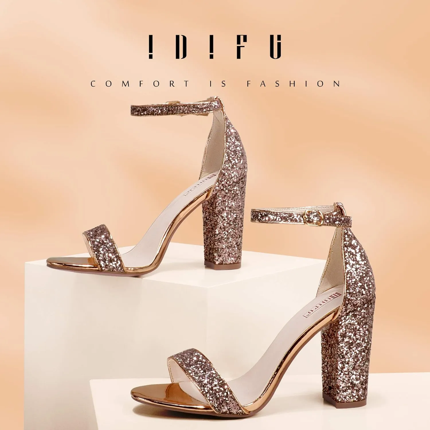 IDIFU Women's IN4 Cookie-HI Chunky High Heel Sandals Open Toe Ankle Strap Wedding Bridal Prom Dress Shoes For Women Bride Bridesmaid